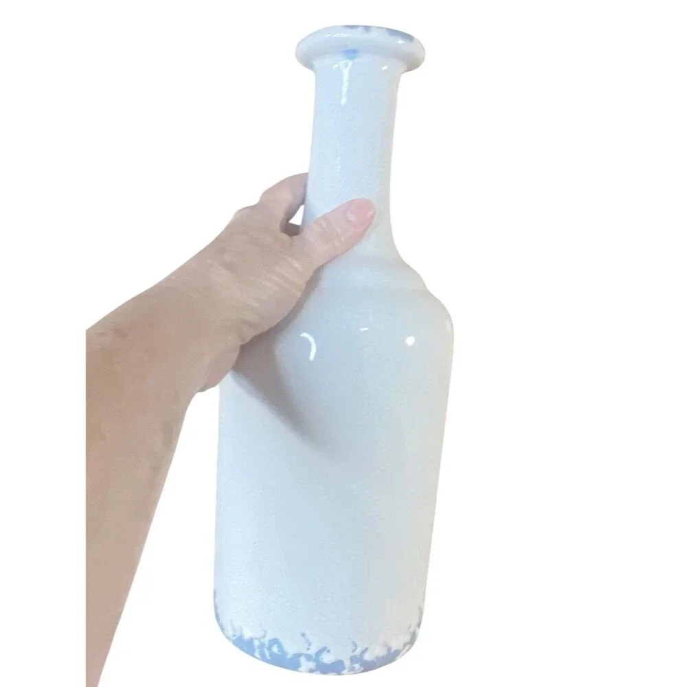 Ceramic Bottle Vase Tall Pale Blue White Rustic Decor Crackle Finish Home Decor